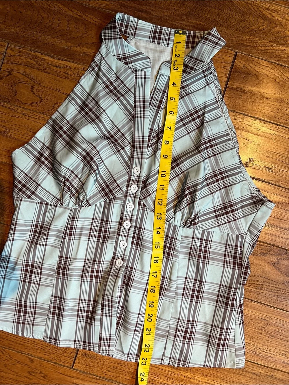 Plaid Button-Front Sleeveless Top in Light Blue and Brown